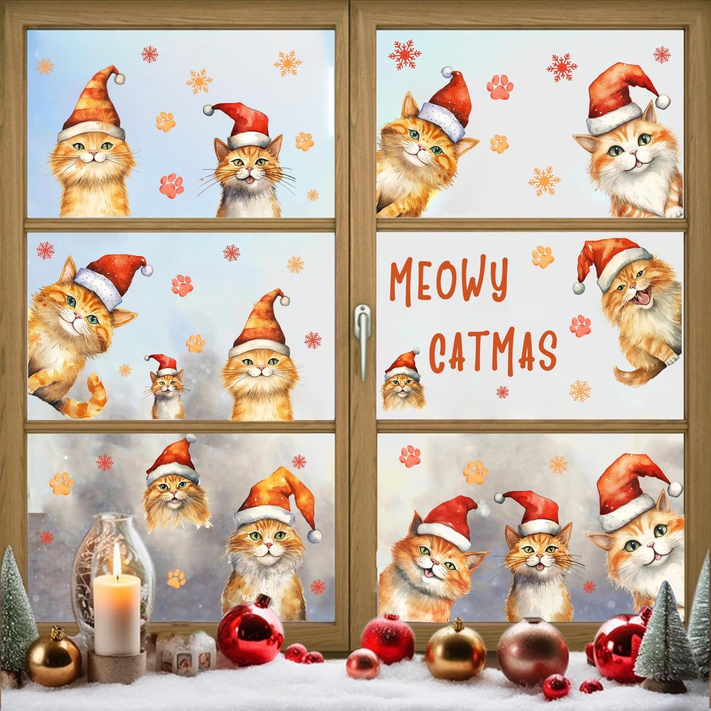 Christmas Window Clings Decoration Indoor Xmas Cat Stickers Double-Sided Merry Christmas Window Decals for Glass Windows Xmas Snowflake Decals for Winter Holiday Kids Bedroom Home Party Supplies