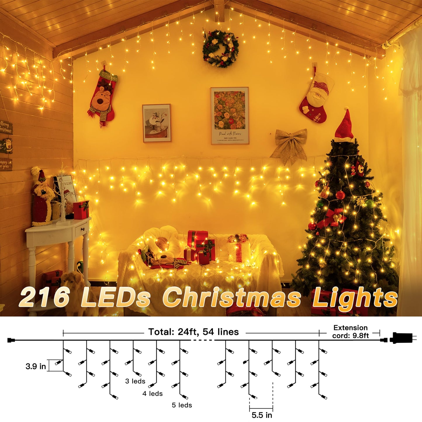 Icicle Lights for Outside, 216LED 24FT Waterproof Christmas Light Outdoor with 8 Modes & Timer, Connectable Christmas Icicle Lights for Eaves House Yard Indoor Outdoor Holiday Decoration(Warm White)