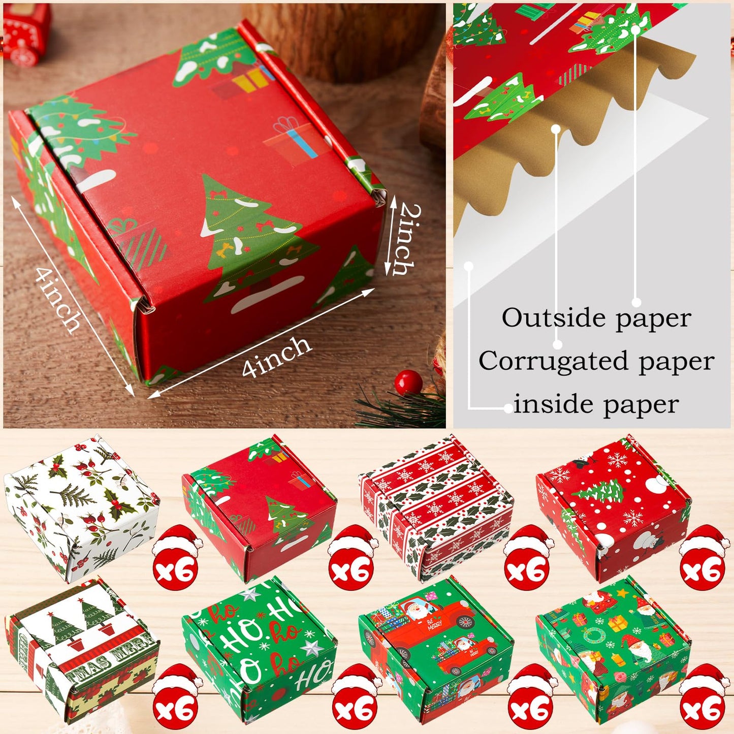 Tenceur 48 Pack Small Christmas Gift Boxes with Lids 4 x 4 x 2 Inch Christmas Clothes Boxes Corrugated Cardboard Wraping for Packaging Xmas Gift