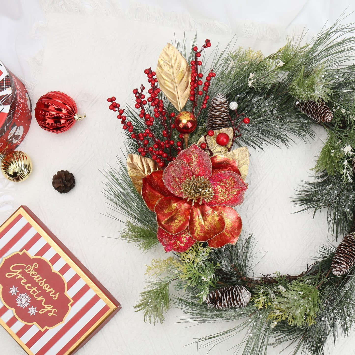 Briful 2PCS Christmas Glitter Magnolia Flowers Picks and Spray with Christmas Balls Ornament Red Berries Gold Leaves Branches for Xmas Tree Wreath Vase Floral Arrangement (Red Gold)
