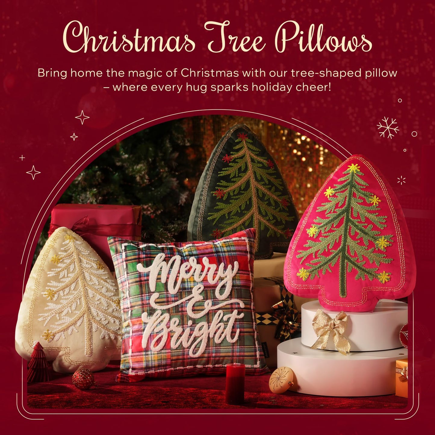 Phantoscope Merry Christmas Tree Decorative Throw Pillow, Velvet Beads Embroidery 3D Shaped Cushion, Suitable for Sofas, Living Rooms, and Beds, Beige, 18 x 14 in
