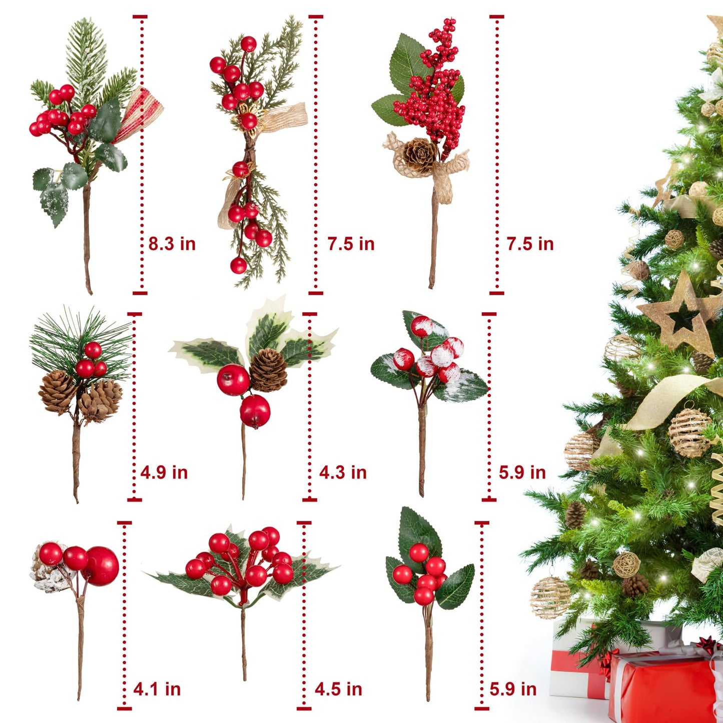 Crafare 15 Pack Small Artificial Christmas Picks 5"-10" Assorted Red Berry Picks Stems Faux Pine Picks Spray with Pinecones for Christmas Floral Arrangement Winter Holiday Season Decoration