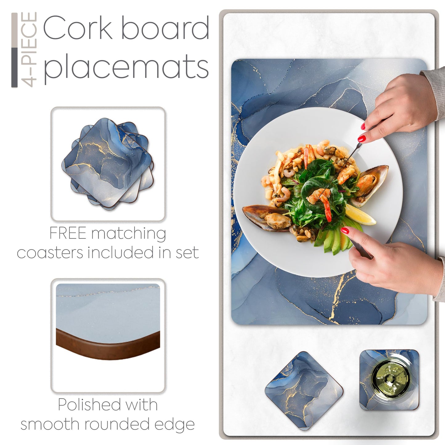 Moderry Set of 4 Heat Resistant Cork Placemats for Dining Table with Free Set of 4 Matching Drink Coasters Marble Design 16 x 12 Inches Cork Backed Hard Placemats (Blue & Gold)