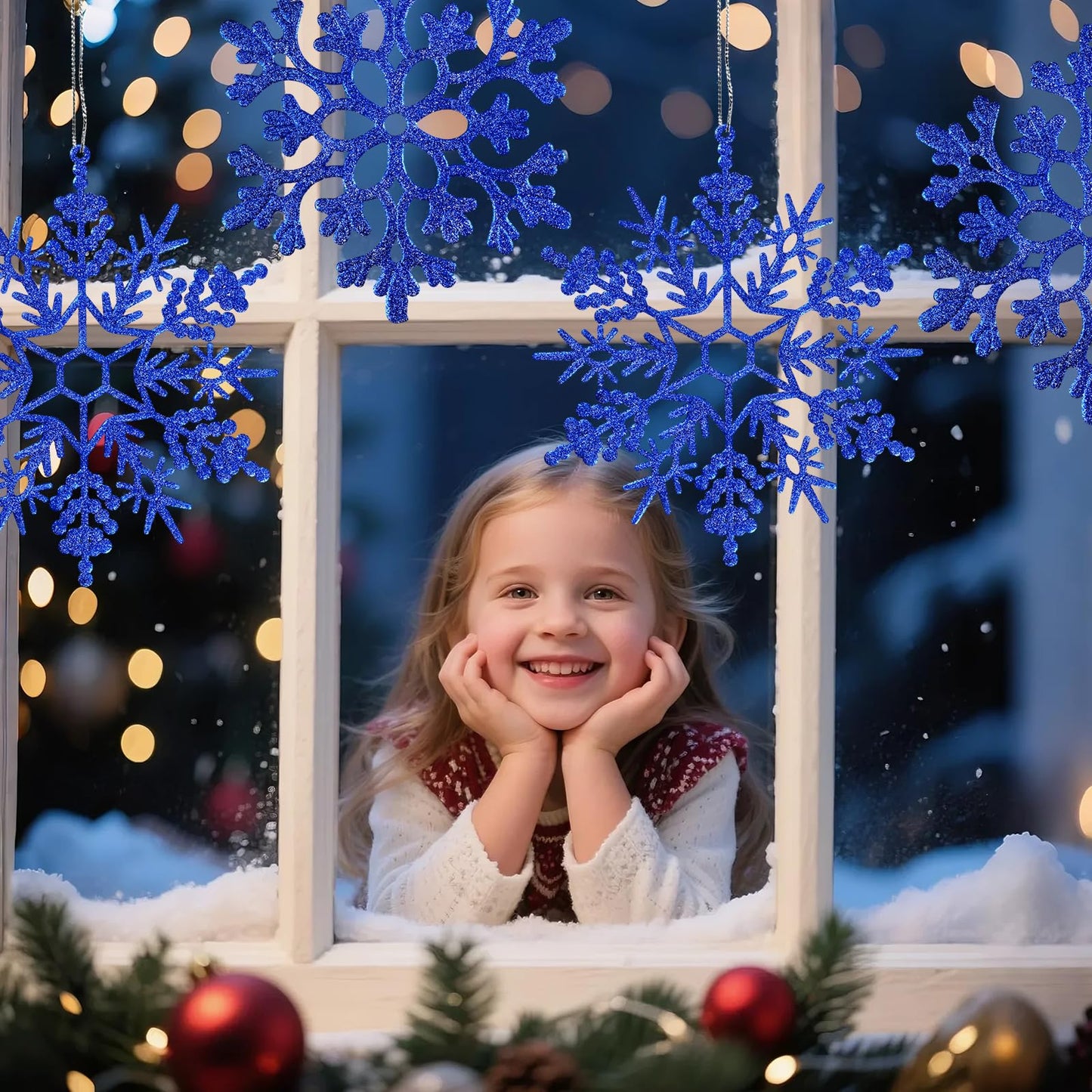6pcs Large Navy Blue Snowflakes Ornaments 12" Big Plastic Glitter Snowflake for Winter Indoor Outdoor Christmas Tree Window Room Decorations Giant Craft Snowflakes