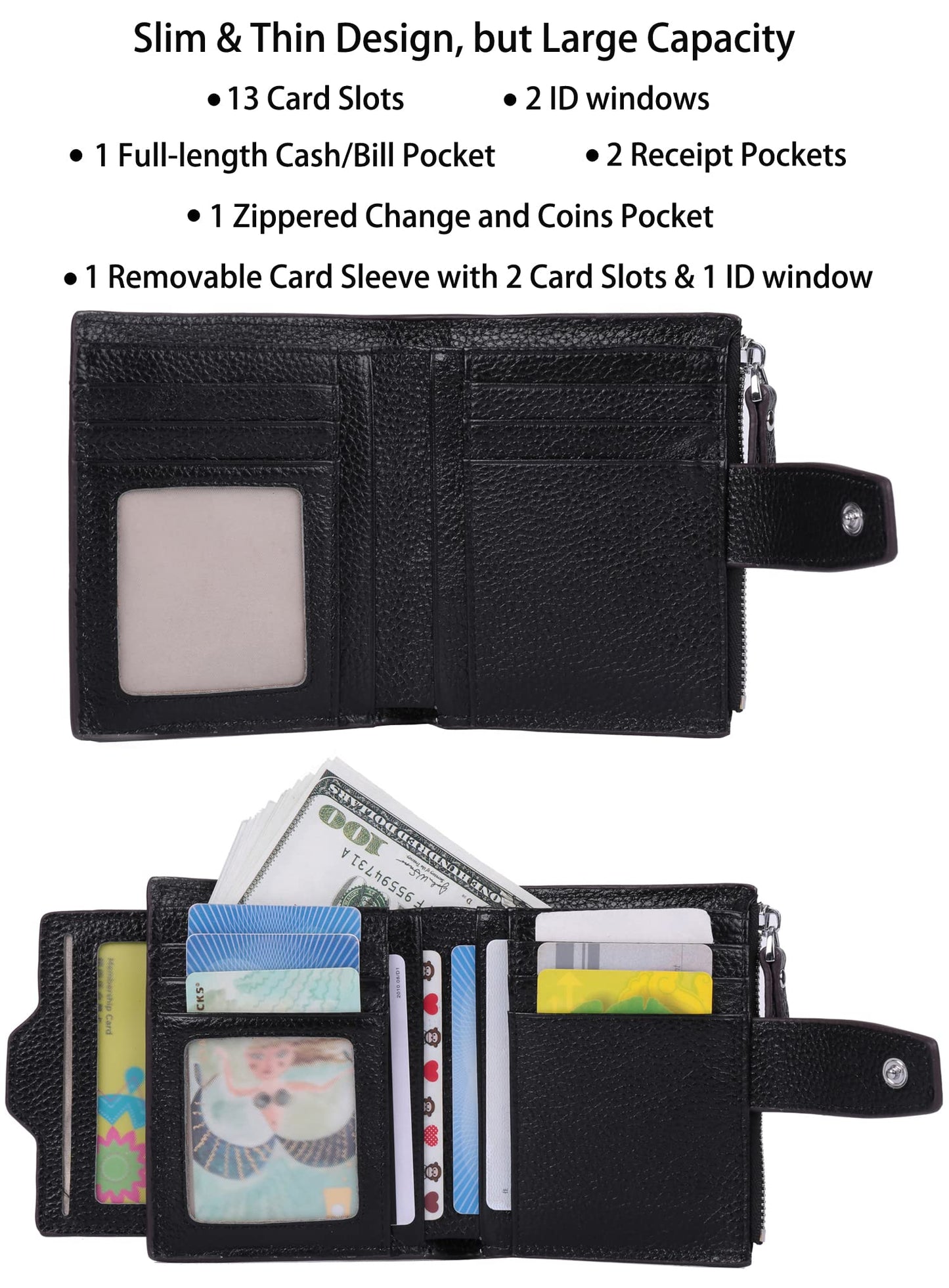 AINIMOER Women's RFID Blocking Leather Small Compact Bi-fold Zipper Pocket Wallet Card Case Purse with id Window (Lichee Black)