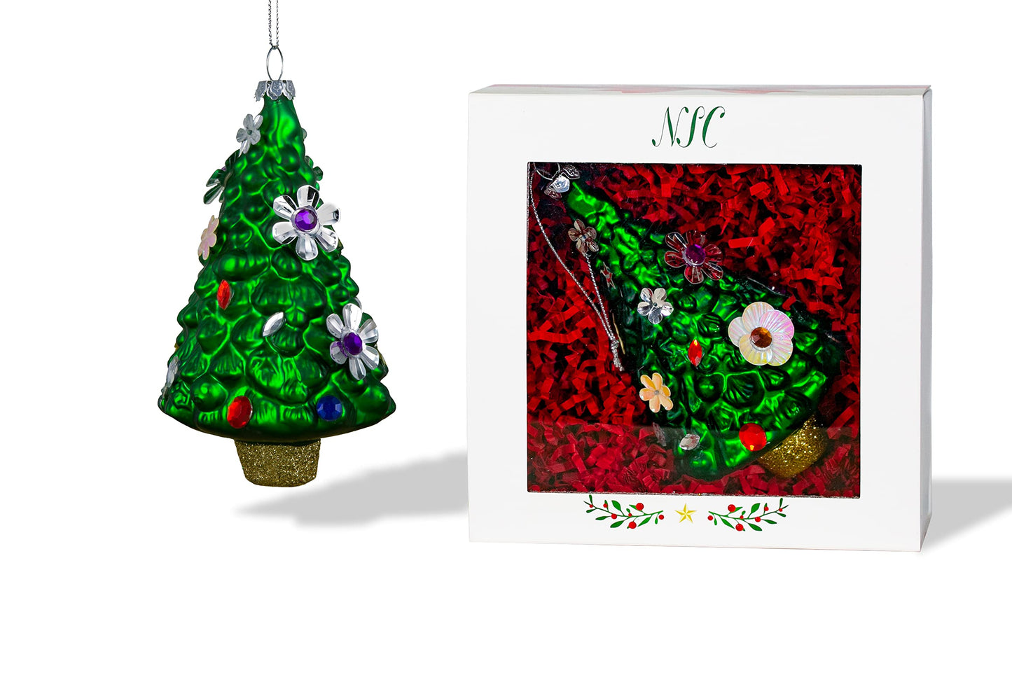 North Star Christmas | Christmas Tree with Flowers Glass Ornament | Christmas Collection