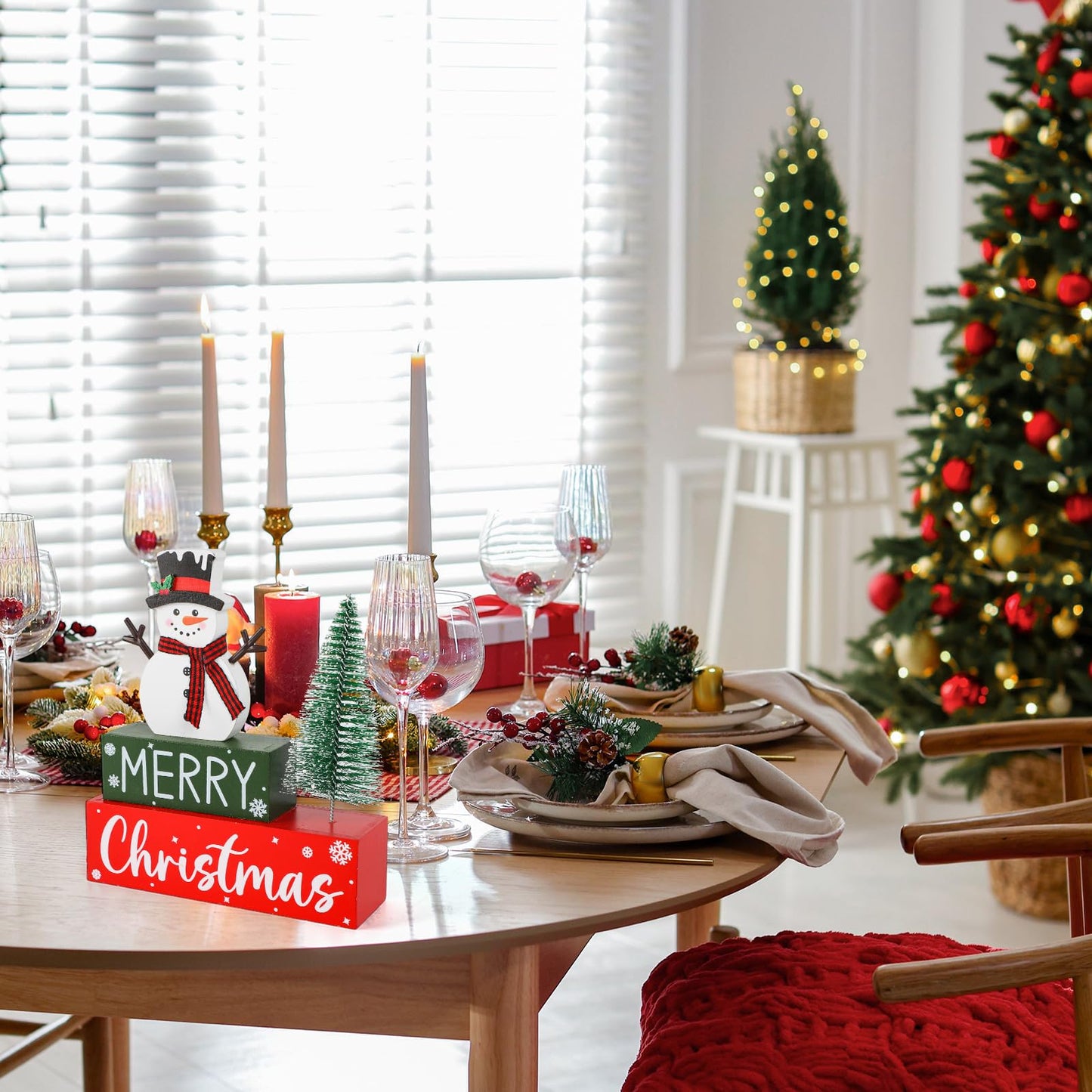 Merry Christmas Decorations Indoor Wooden Snowman Christmas Tabletop for Home Xmas Tree Centerpieces for Tables Wood Table Sign Decor Tiered Tray Office Desk Shelf Mantel Room Winter Holiday Party