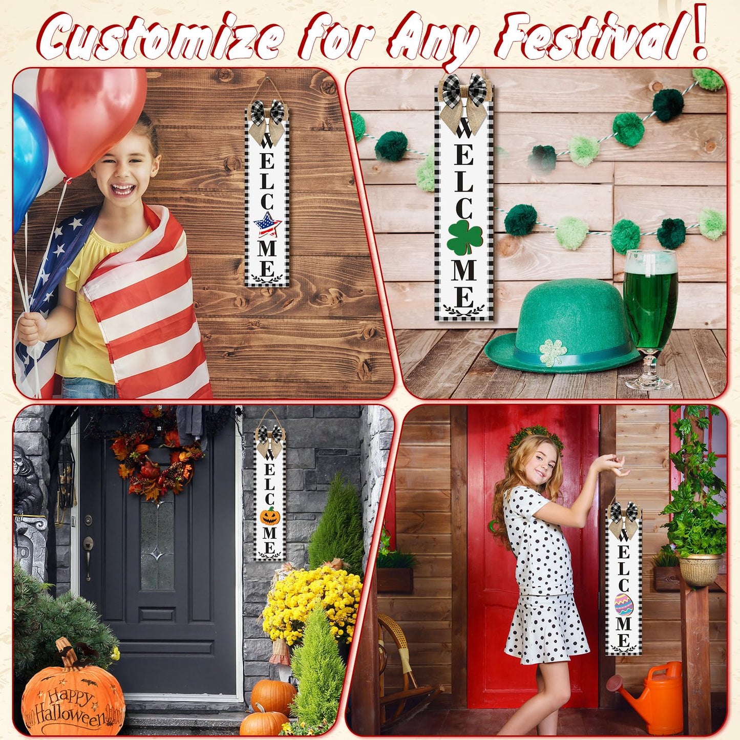 Sintuff Holiday Interchangeable Welcome Sign for Front Door Wood Porch Sign with 24 Pcs Seasonal Icons Home Farmhouse Holiday Welcome Outdoor Festival Seasonal Decoration(Black and White,Buffalo)