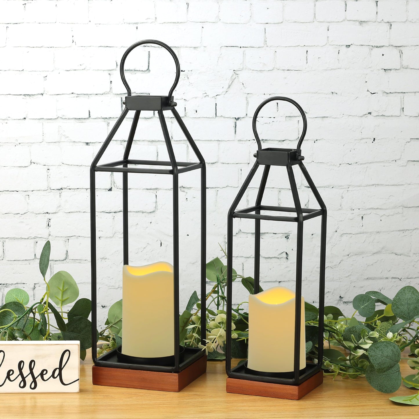 Perfnique Metal Lanterns w/ Pine Wood, Set of 2 Farmhouse Lantern Decorative w/ Waterproof Flameless Candle & Remote Timer, Modern Farmhouse Candle Holder for Outdoor, Porch, Fireplace(Wood Base)