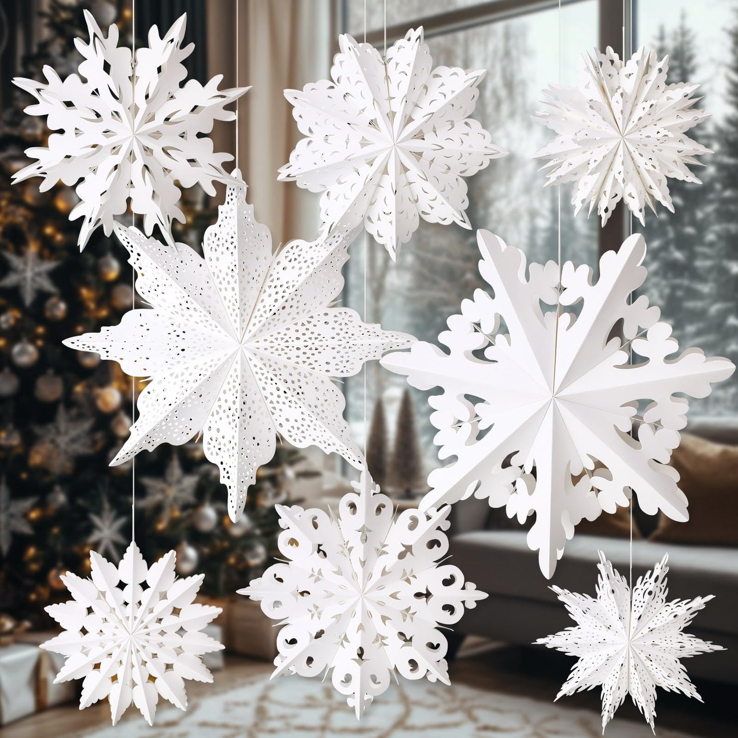 Epakh 8 Pcs Christmas Paper Star Lantern 3D Large Christmas Paper Snowflake Lanterns White Hanging Lamp Ornaments for Xmas Tree New Year Holiday Party Decorations