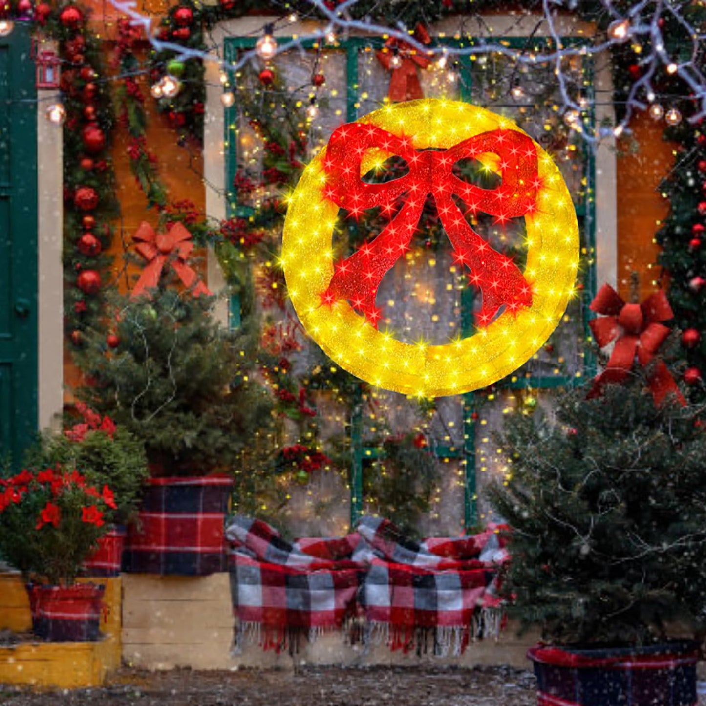 Outdoor Christmas Wreath Decoration - 36" Bright LED Christmas Wreath Lights with Bow, Large Lighted Christmas Wreaths Window Lights for Wall, Windows, Front Door Decor, Red Bow - Gold Wreath