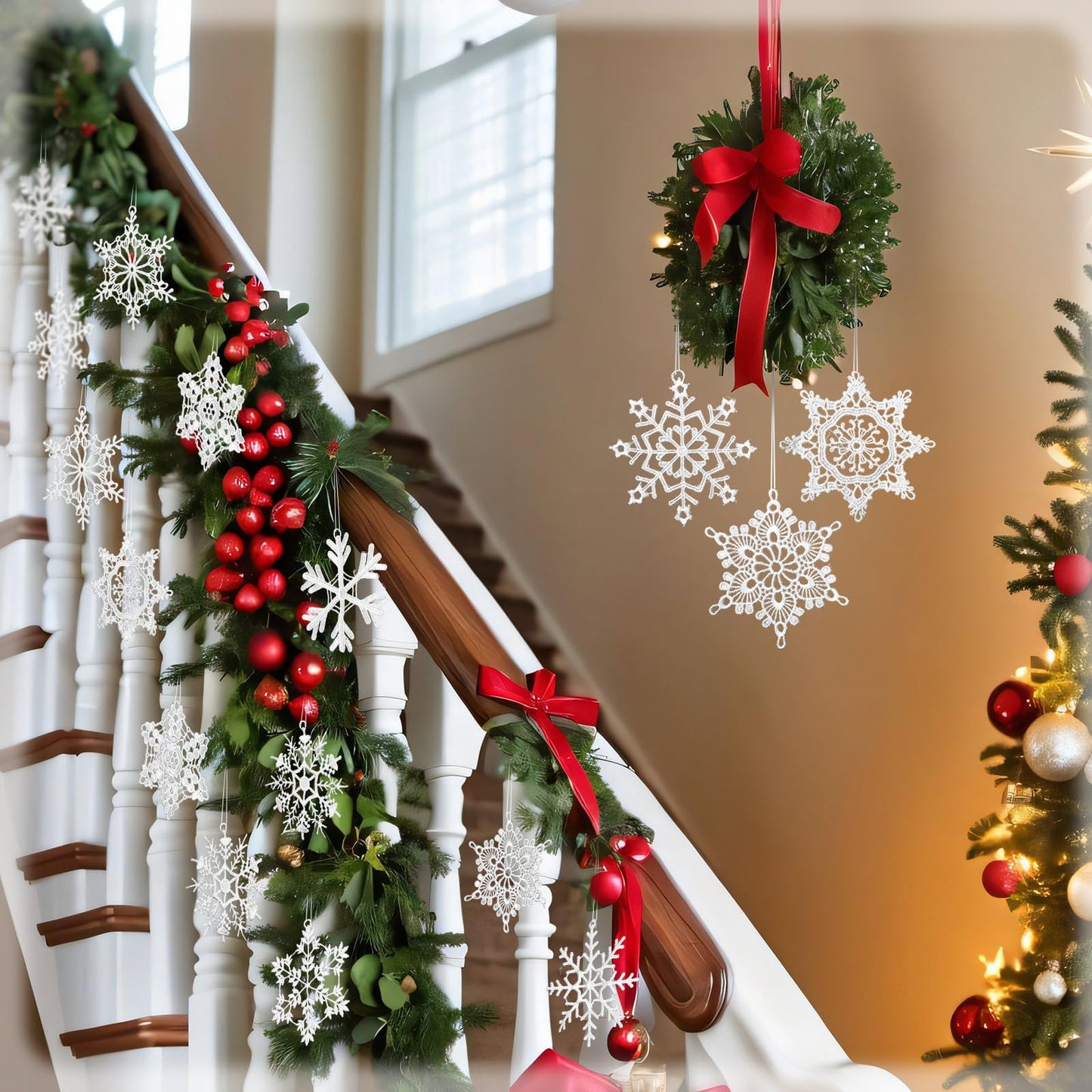 HunnmingRe 48 Pcs Crochet Snowflake Ornaments Winter Crocheted Snowflake Bulk 12 Styles Hanging Decor for Winter Decorations Christmas Wonderland Tree Wall Holiday Party Woven Gift