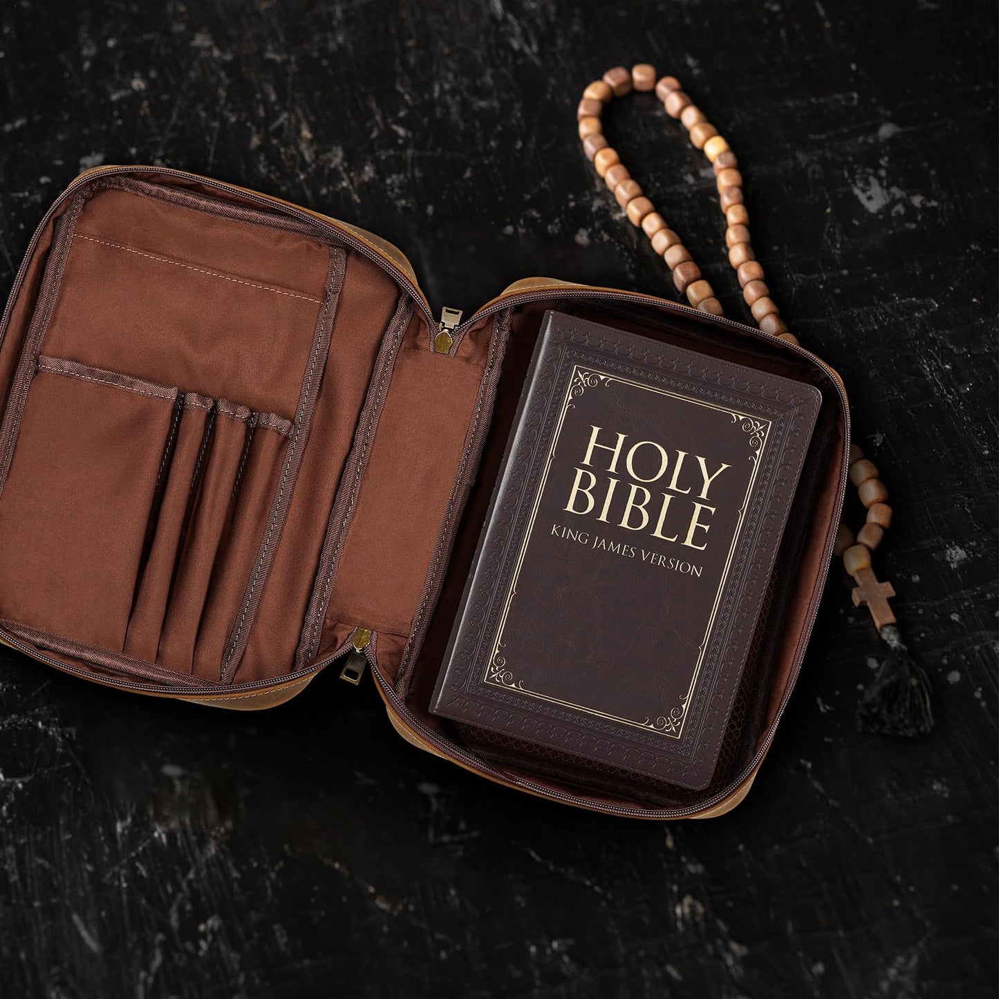 Carpetene Genuine Leather Bible Cover Cowhide Bible Case for Men Women Church Bag Protective Book Holder with Double Zippers Full Grain Leather Portfolio Organizer Bible Carrying Case with Handle