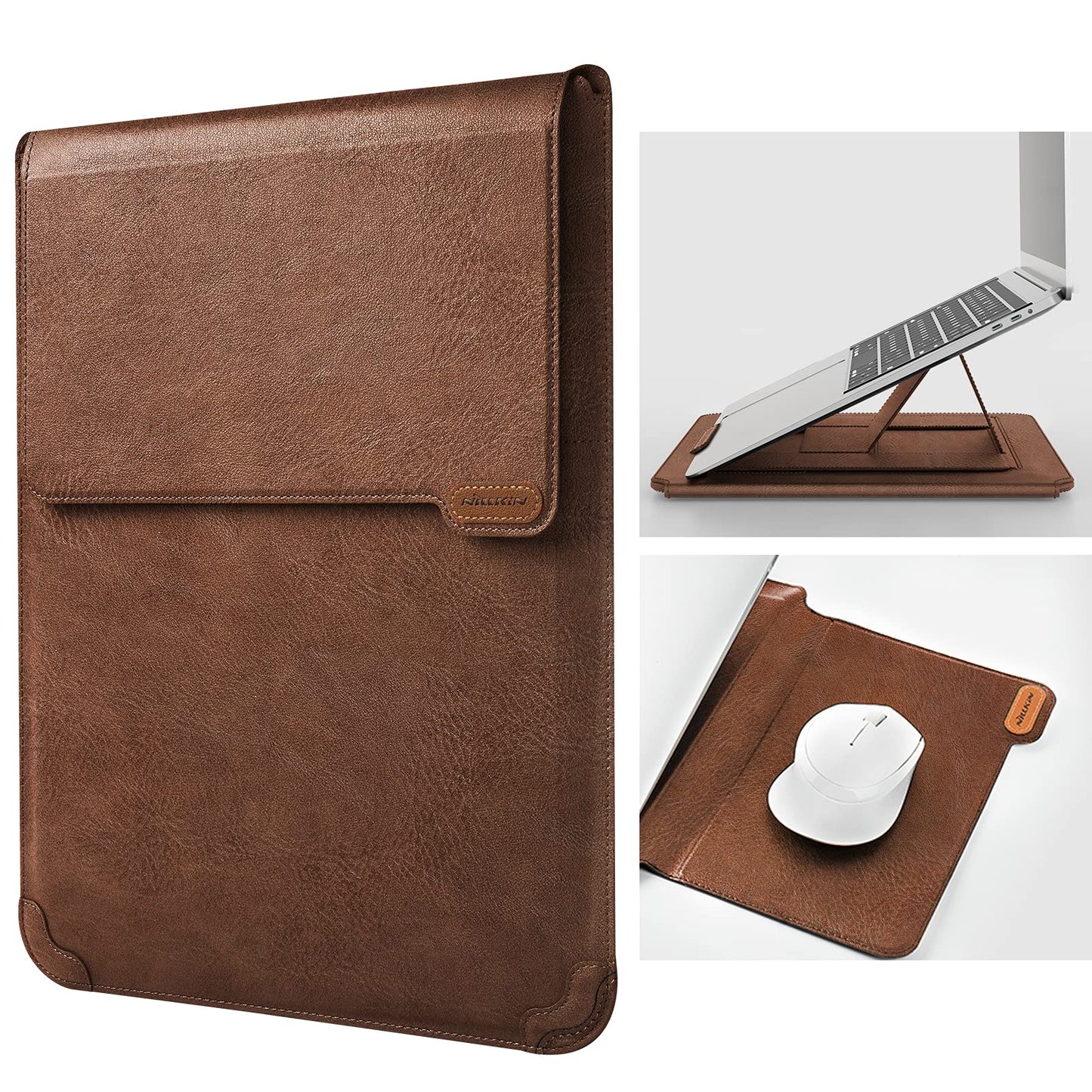 Nillkin Laptop Sleeve 15.6 inch, MacBook Sleeve with Adjustable Stand & Mouse Pad, 2 Stand Modes, 15 inch Laptop Case, Slim MacBook Accessories for Samsung/Surface/Chromebook/HP 13-15.6 inch, Brown