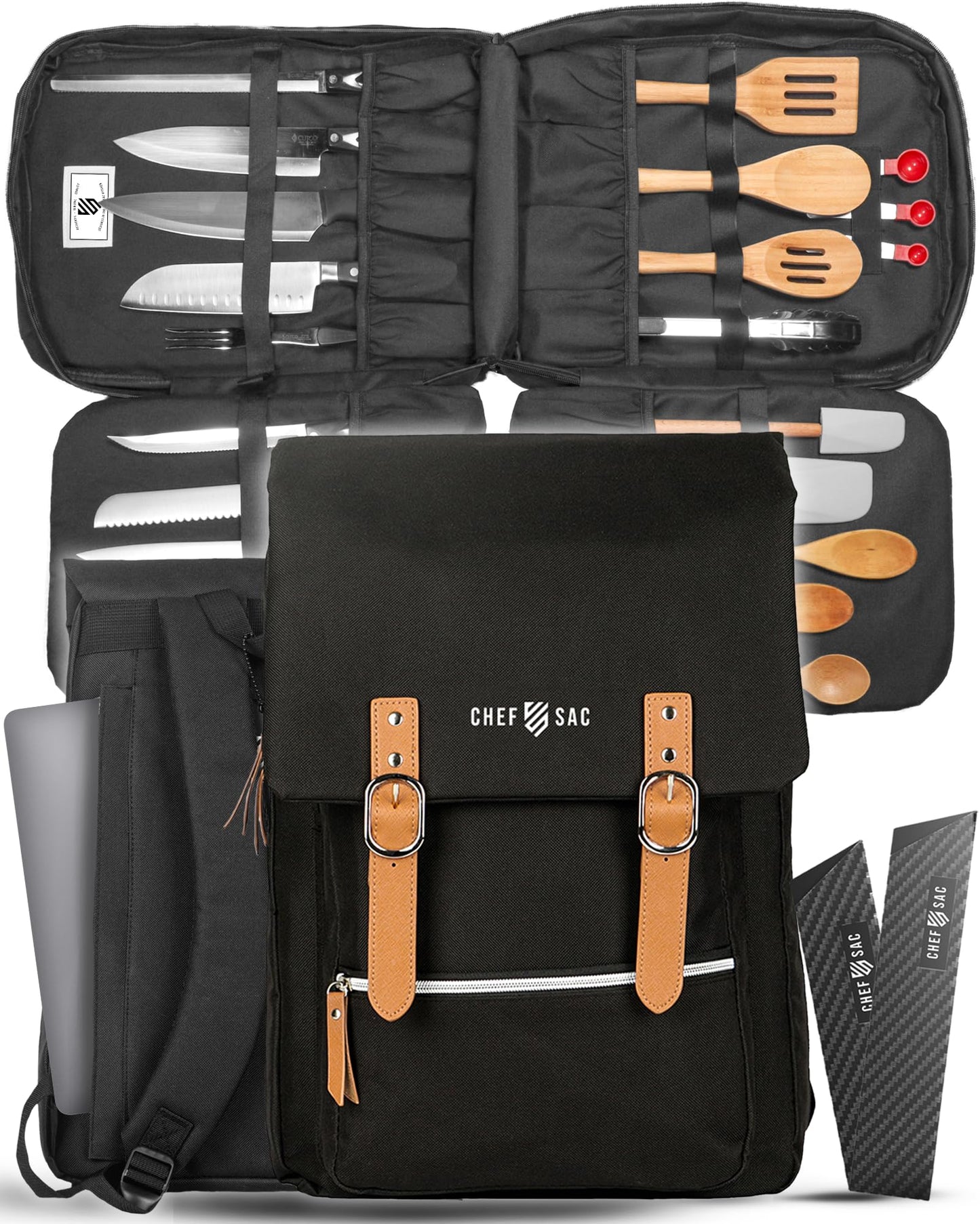 Chef Knife Bag Vintage Backpack VINTAGE, Professional Knife Carrying Case for Chefs & Culinary Students, 30+ Pockets, Holds 10" Knives, Water-Resistant 600D Material (Black)