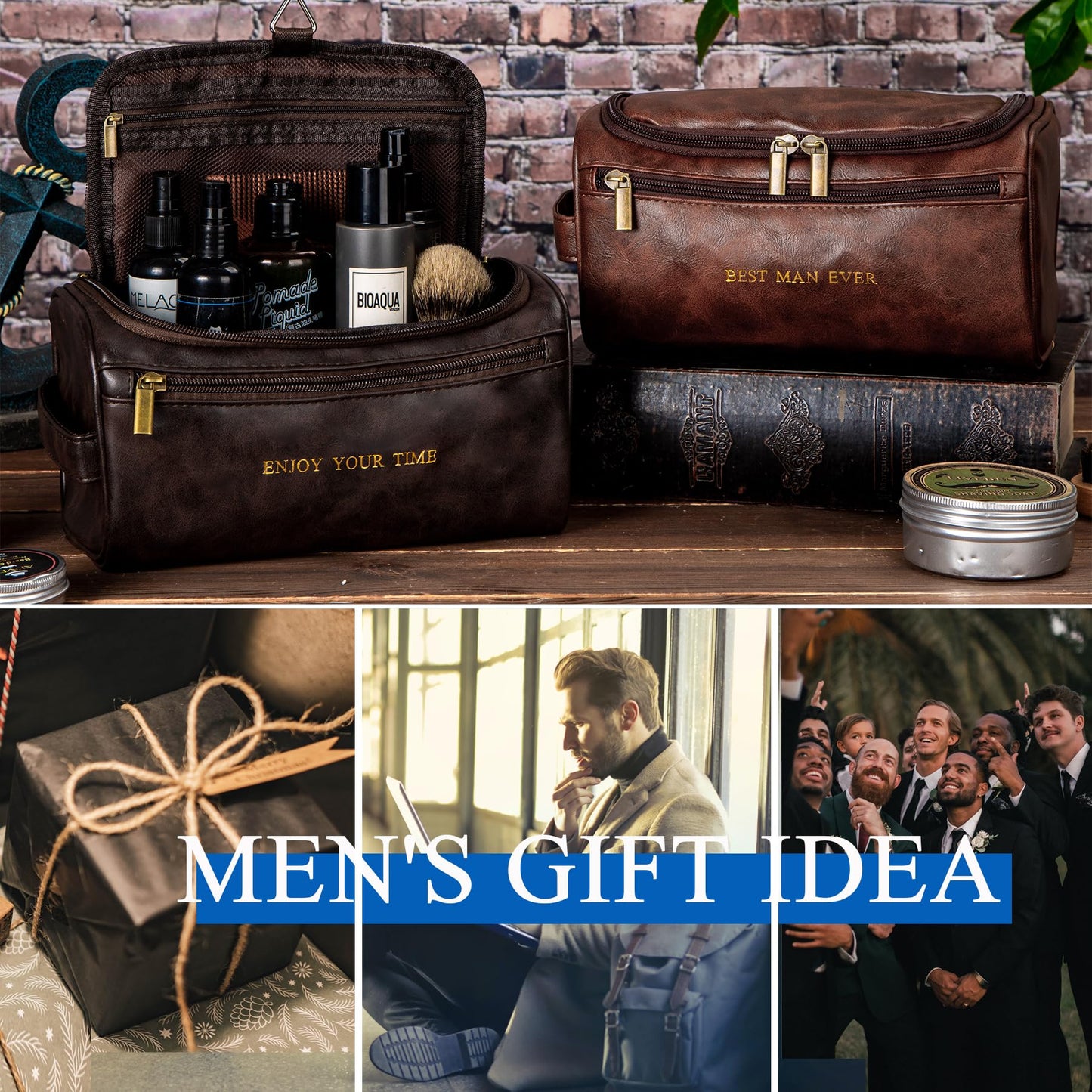 Flycalf Mens Toiletry Travel Bag Groomsmen Father Dad Leather Toiletries Grooming Bag for Men Shaving Bag Hanging Water Resistant Organizer (Coffee)