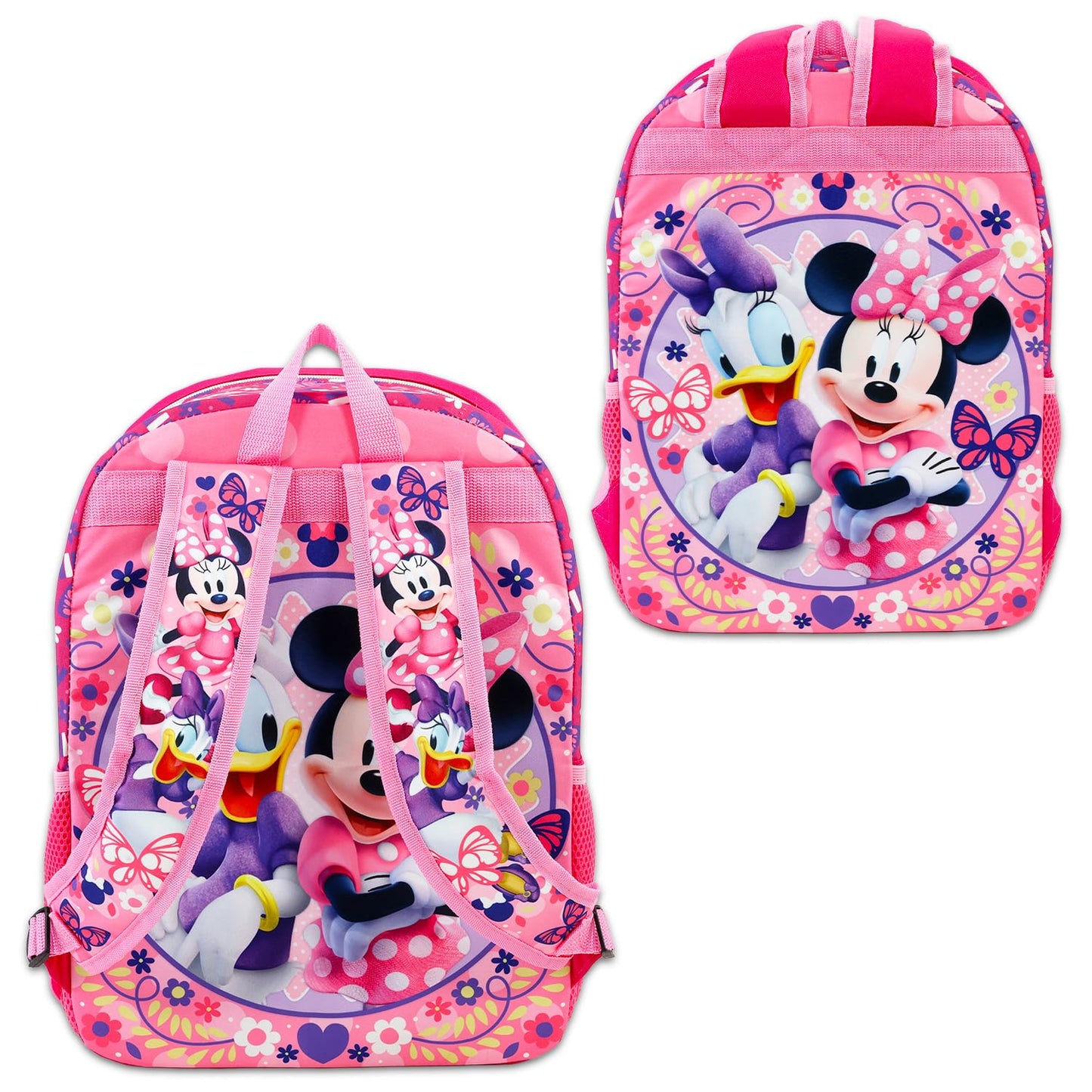 Minnie Mouse School Backpack for Girls - Bundle with 16” Disney Sequin Bag Plus Water Bottle, Stickers, More | Minnie School Supplies for Kids