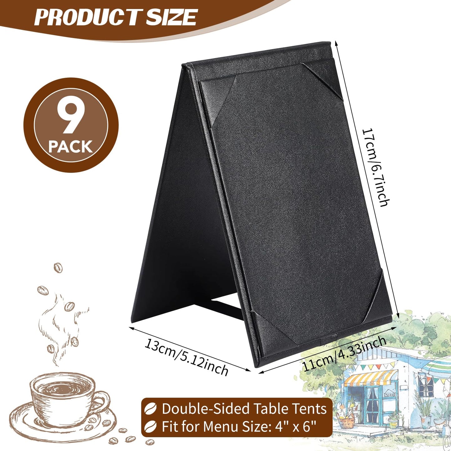 LAIAMER 9 Pack Leatherette Table Tents Black PU Leather Menu Covers Bulk Double Sided A-Frame Sign Holders 2 Side Drink Dessert Menu Folders for Restaurant Coffee Cafe Bar Wedding Supplies