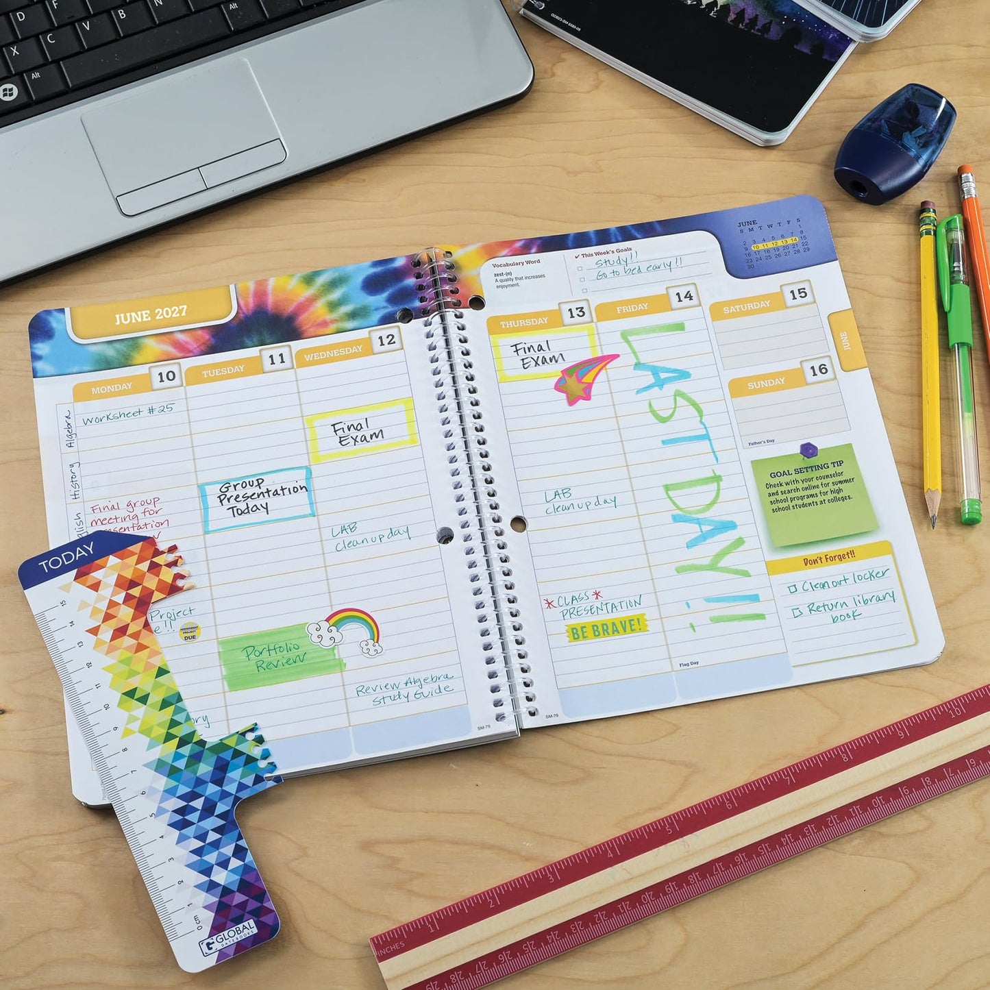 Global Datebooks 2026-2027 Middle & High School Student Planner 7" x 9" - Dated Weekly & Monthly Academic Planner w/Ruler/Bookmark & Stickers, Ideal for Homework, Matrix Style, Slant