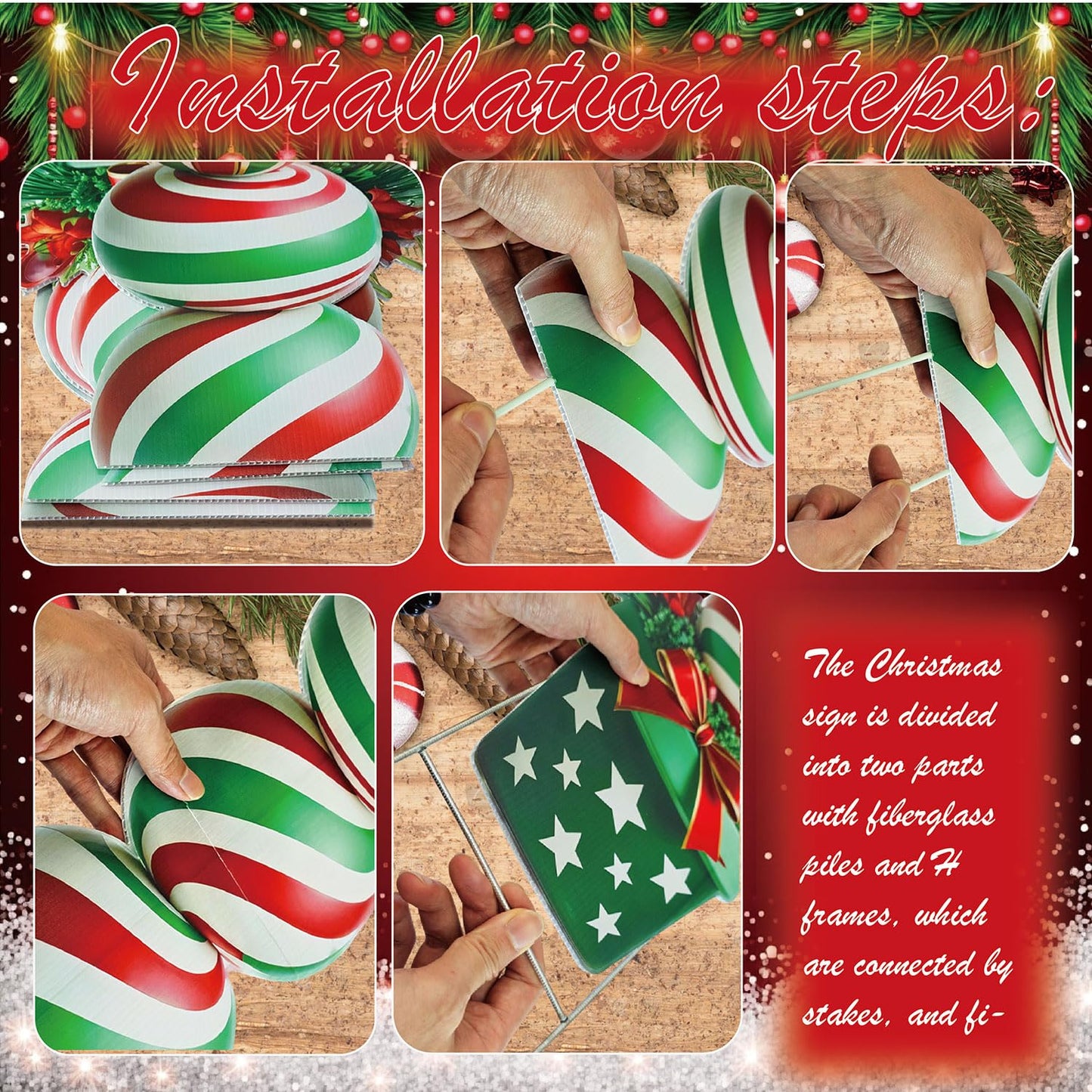 33" Christmas Decorations Outdoor Candy Christmas Decorations, 2ct Large Tall Outdoor Stake Signs 4 Interlocking PP Panels with H-Brackets Fiberglass Rods for Lawn Pathway Xmas Party