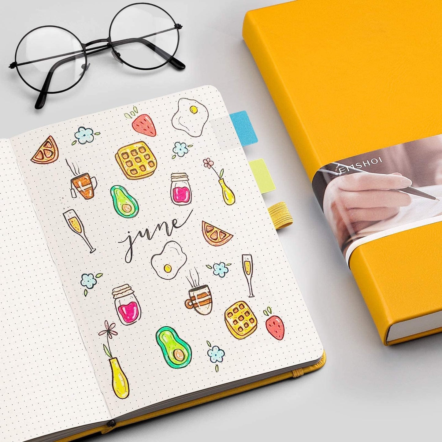 EMSHOI A5 Dotted Notebook Hardcover Leather Journal, 256 Pages 120gsm Thick Paper A5 Journal 5.75"x8.38", 16 Perforated Pages & Inner Pocket, Durable Dot Grid Notebook for Bullet Journaling, Yellow
