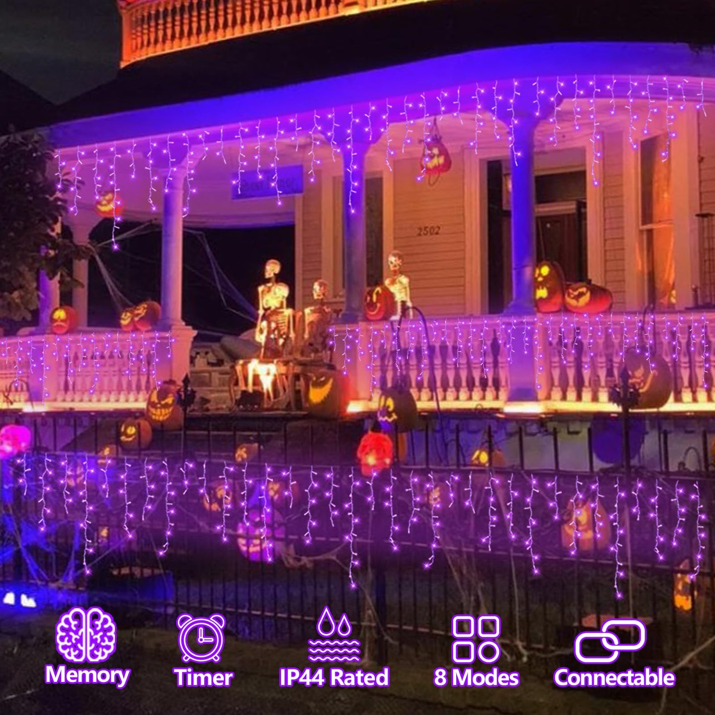 QITONG Purple Icicle Lights for Outside, 33ft 400 LED String Light Indoor Plug in, Clear Wire Connectable Icicle Christmas Lights with 8 Modes