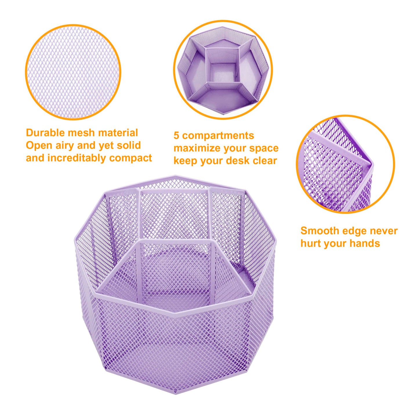 Annova Mesh Desk Organizer Rotate with 5 Compartments Spinning Tidy Candy/Pen Holder Office, Art Supply, Storage, Classroom, Home (Light Purple)