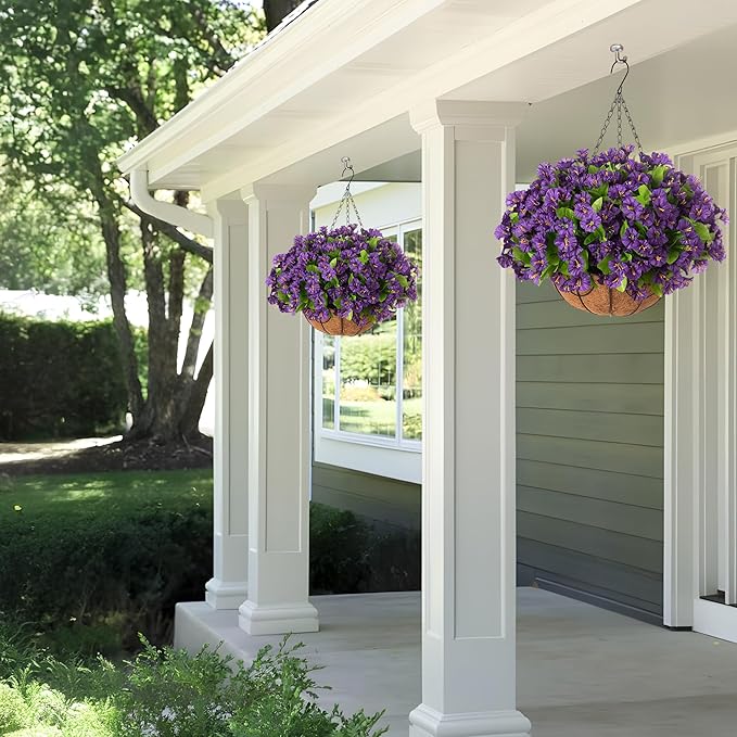 Artificial Hanging Flower Plants with Basket for Spring Summer Outdoor Decoration, Faux Petunias Flowers Fake Morning Glories Planter for Outside Patio Garden Porch Balcony Yard Decor(Purple)