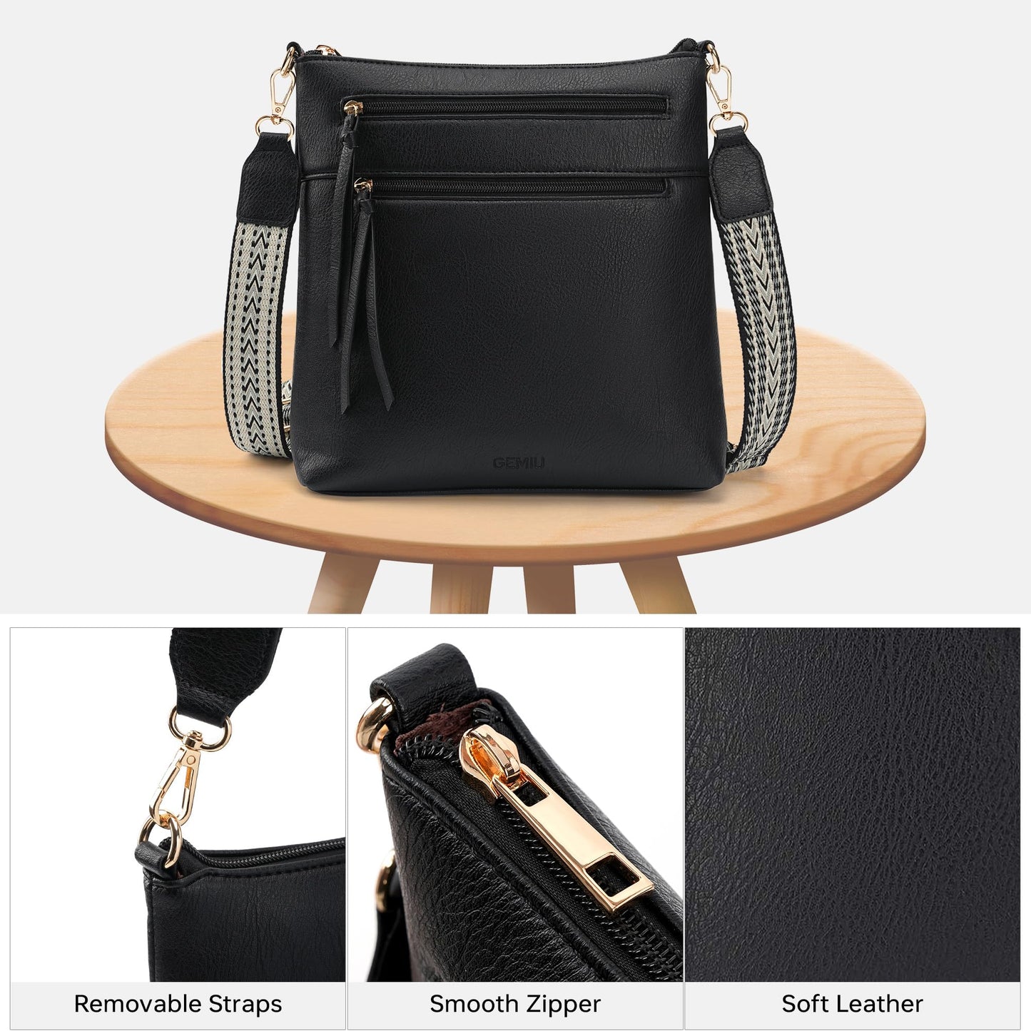 GEMIU Small Crossbody Bags for Women Travel Multi Pocket Crossbody Purse Women's Crossbody Handbags with Guitar Strap Black