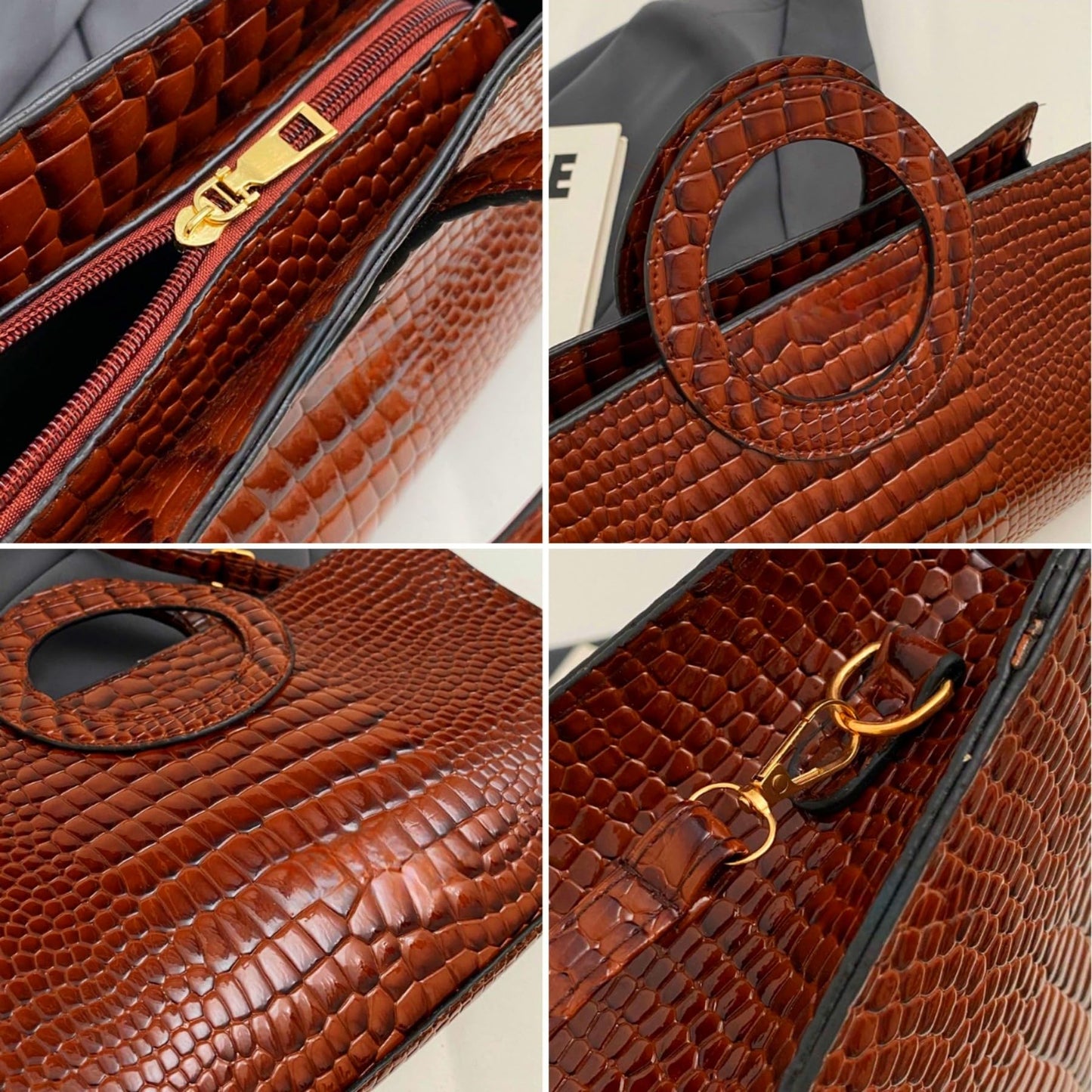 RJDBDD Women's Fashion Crocodile Print Square Bag Purse Satchel Versatile Patent Faux Leather Evening Handbag Crossbody Bag, Brown