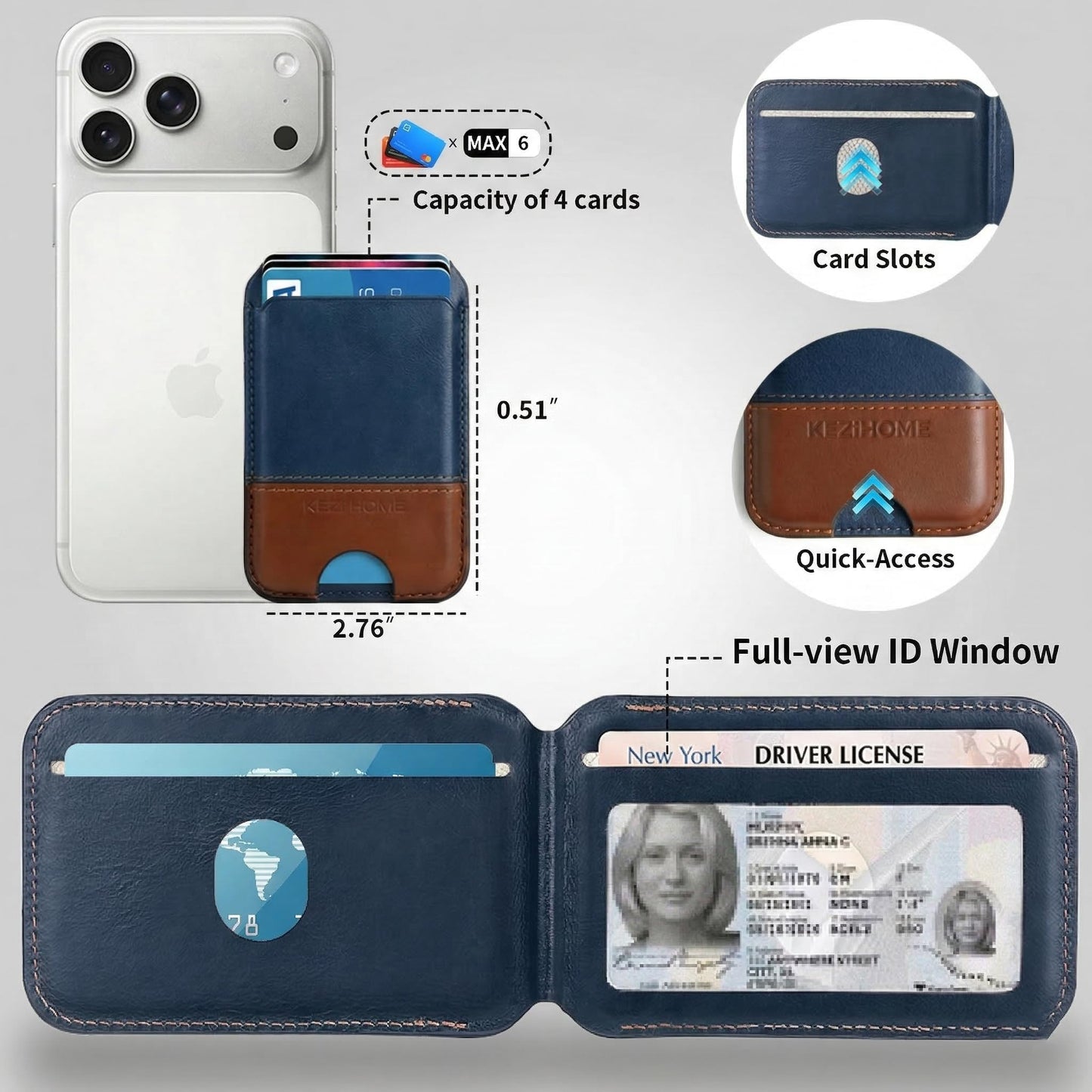 KEZiHOME for MagSafe Phone Wallet, Genuine Leather 5-6 Card Holder[RFID Blocking] with Adjustable Stand, Magnetic Wallet for Men compatible with iPhone 17/16/15/14/13/12 Series (Royal Blue/Brown)