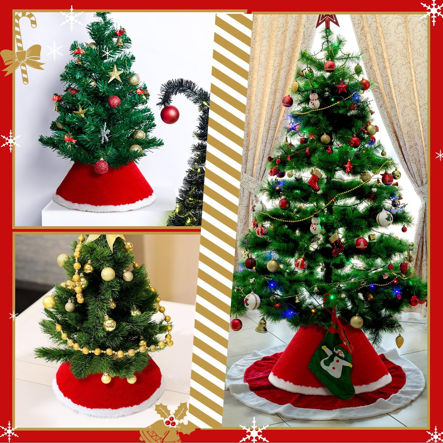 Teenyyou 3 Pcs Mini Christmas Tree Collar for 2-4 ft Mini Tree 17 Inch Diameter Base Small Red Velvet Plush Ring Skirt with White Faux Fur Stand Cover for Xmas Pencil Slim Trees Tabletop Home Decor