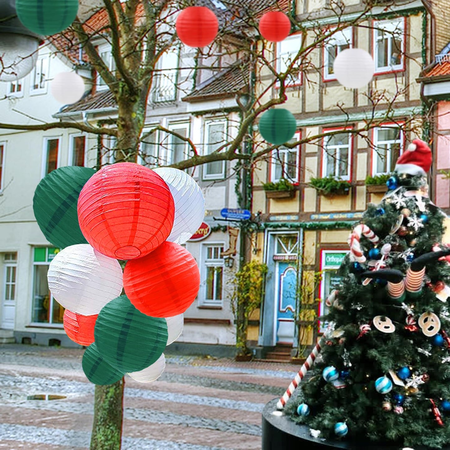 12 Pcs Christmas Paper Lanterns Red Green White Hanging Paper Lanterns for Christmas Graduation Anniversary Wedding Birthday Party Decoration Supplies