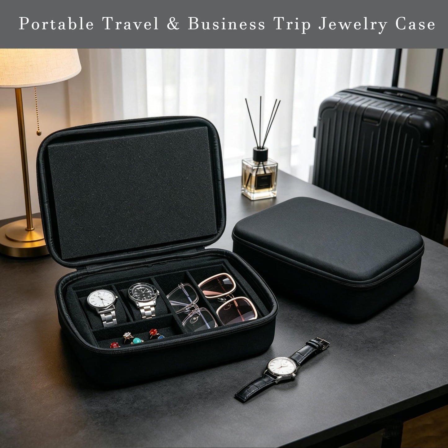SORNDIF Large Travel Watch Case 5Slot Portable Jewelry Box Versatile Watches Sunglasses Organizer Rings Eyeglasses Zippered Carrying Bag Men