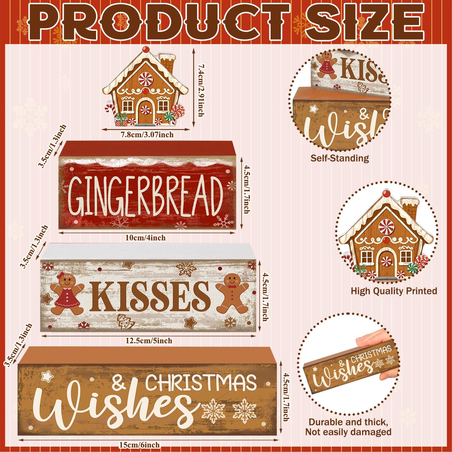 Moucuny 4 Pcs Christmas Table Decoration Gingerbread House Wooden Stacked Block Decor Gingerbread Centerpiece Block Signs Rustic Christmas Tiered Tray Decoration for Home Kitchen Coffee Bar