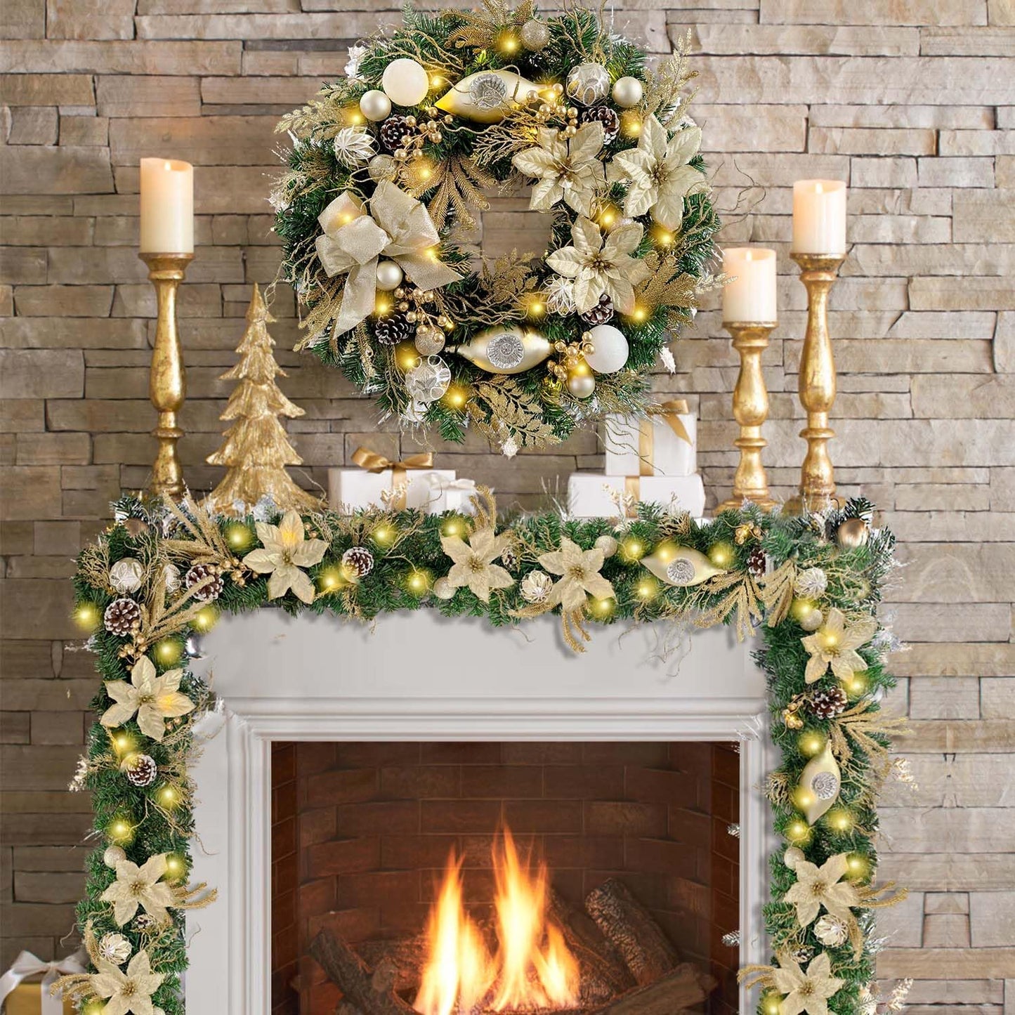 WANNA-CUL Pre-Lit 6 Feet/72 Inch Christmas Garland for Front Door with Lights Champagne Gold Christmas Mantel Garland Decoration with Ball Ornaments, Poinsettia Flowers,Ribbon,Battery Operated 30 LED