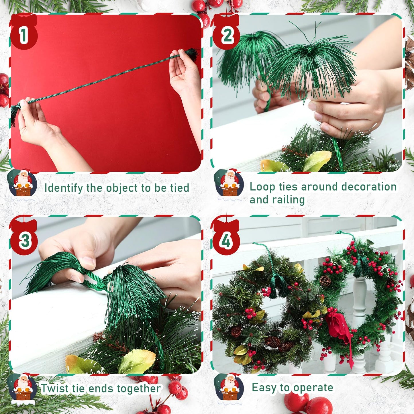 Zhengmy 15 Pcs 24 Inch Christmas Garland Ties with Tassels Decorative Twist Tie for Banister Reusable Flexible Twist Tie for Garland Fireplace Staircase Banister Home Xmas Holiday Decorations (Green)