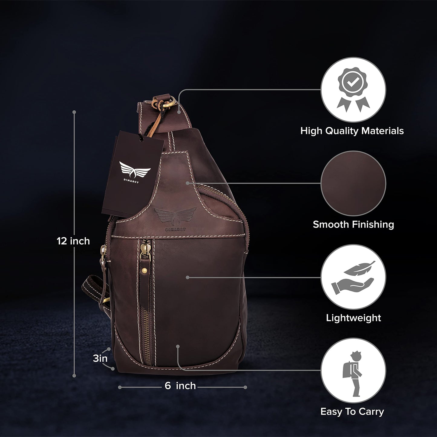 Dimarcy Leather Cross-body Sling Bag Casual Daypack Backpack Chest Shoulder Multi-Purpose Timeless Design Small Men (Dark Brown)