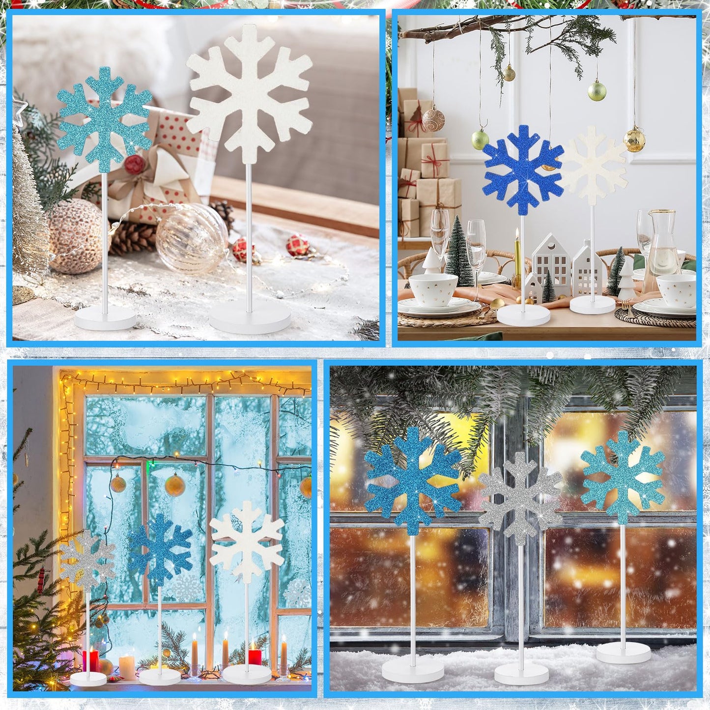Purpeak 6 Pcs Winter Snowflake Table Decorations Tall Standing Snowflake Wood Block Sign Winter Wooden Snowflakes Standing Table Sign Blue Snowflakes Tabletop Decor for Xmas Winters Party Decoration