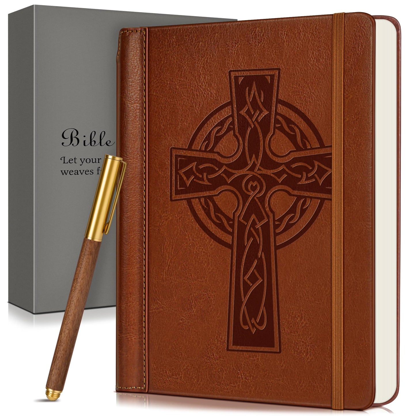 Leather Christian Bible Journal for Men Women, Undated Prayer Journal for Scripture Study & Daily Devotional, Church Notes Notebook, Jesus Religious Faith Gifts for Pastor, Graduation, Baptism (Cross)