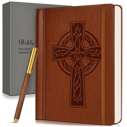 Leather Christian Bible Journal for Men Women, Undated Prayer Journal for Scripture Study & Daily Devotional, Church Notes Notebook, Jesus Religious Faith Gifts for Pastor, Graduation, Baptism (Cross)