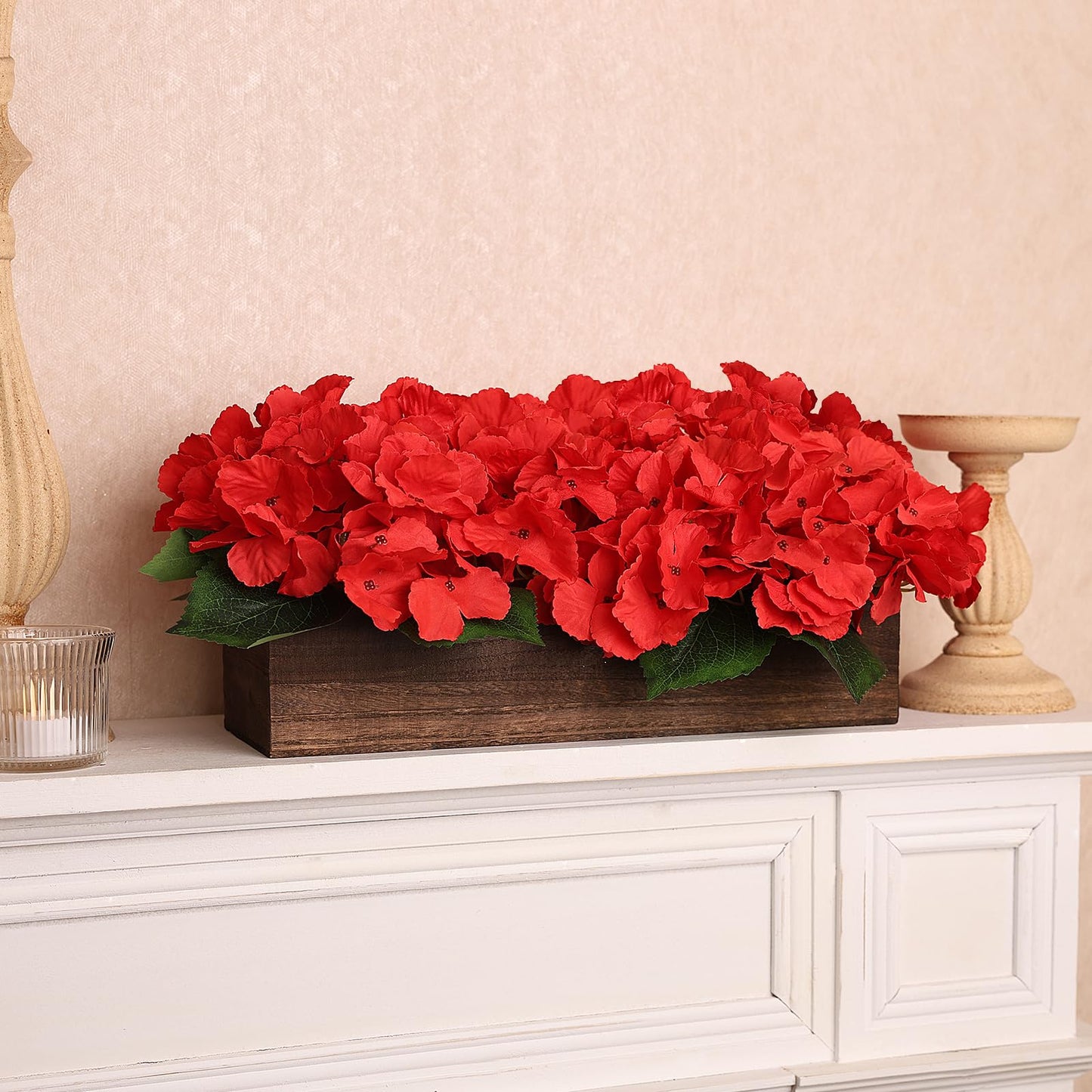 Scawim Flower Table Centerpiece, Artificial Hydrangea Arrangements Centerpieces Fake Flowers Decor Wood Tray with Faux Flower Wedding Bouquets Room Kitchen Farmhouse Indoor Office Party(Red)