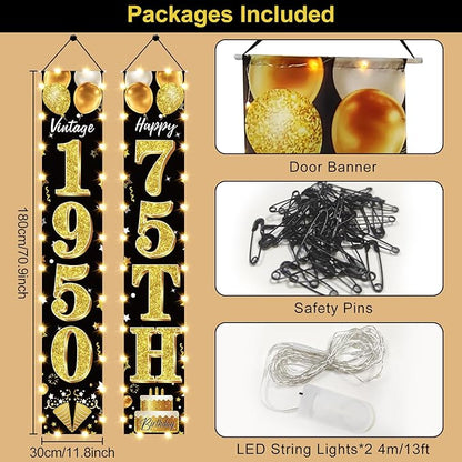 75th Birthday Party Banner Lighted Decorations for Men and Women - Black Gold Vintage 1950 75th Birthday Door Banners with LED Light, 75 Years Birthday Party Supplies for Indoor Outdoor Decor