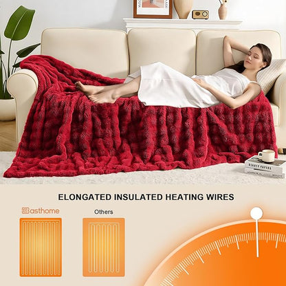 Heated Blanket Electric Throw Blanket 62''X 84''-Heating Blanket with 6 Heat Settings-10 Hours Auto Off,Cozy Faux Rabbit Fur Bubble Electric Blanket,Red