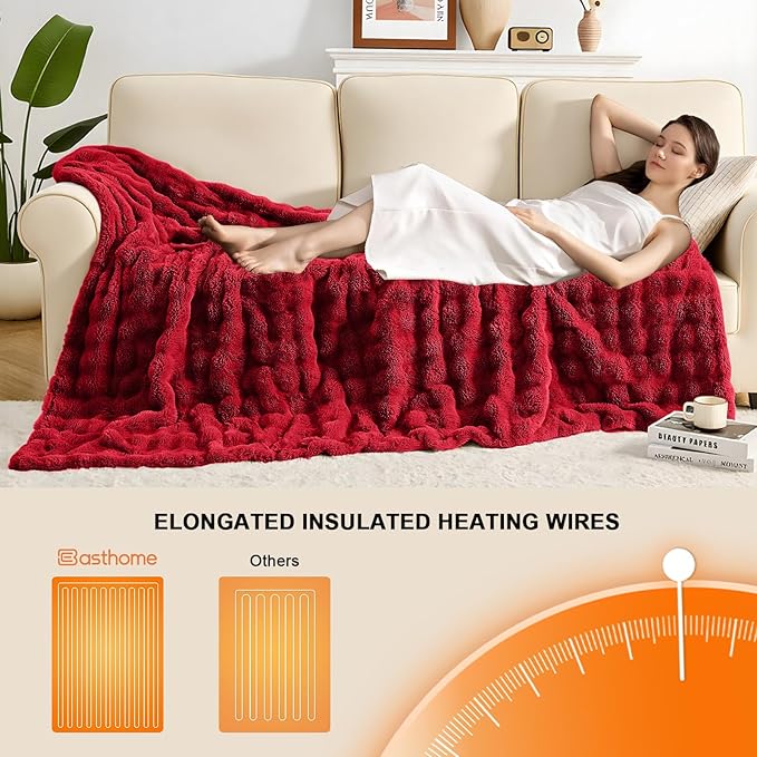Heated Blanket Electric Throw Blanket 84''X 90''-Heating Blanket with 6 Heat Settings-10 Hours Auto Off,Cozy Faux Rabbit Fur Bubble Electric Blanket,Red