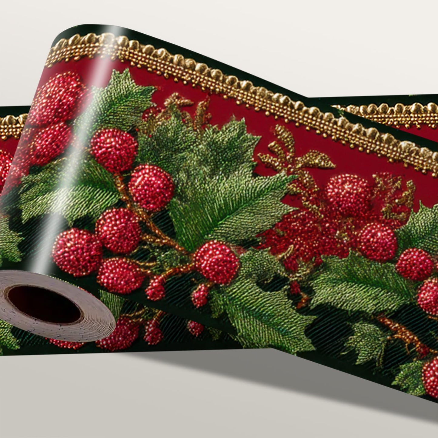 IOHEFY Christmas Red Berry Wallpaper Border 196x4 Inch Peel and Stick Wall Border Self Adhesive Holiday Green Leaf Removable Vinyl Trim for Living Room Bedroom Bathroom Kitchen Cabinet Decoration
