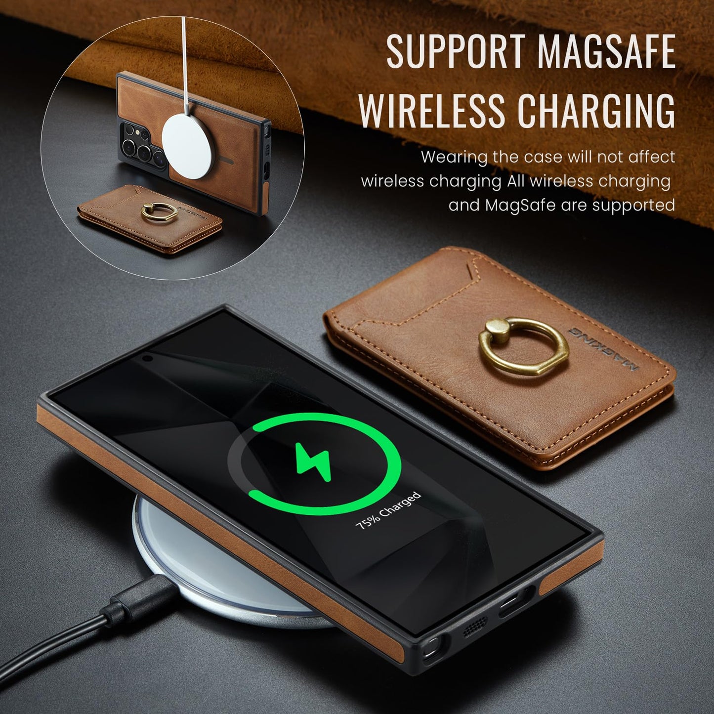 Konstreet for Samsung Galaxy S26 Ultra 2 in 1 Detachable Card Bag Wallet Case Durable Leather Wallets Magnetic Card Holder 4 Card Slots Ring Stand RFID Blocking Brown
