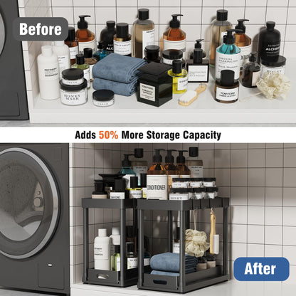 2PC Under Sink Organizer Rack 2 Tier Under Sliding Cabinet Basket Organizer Drawer with 4 Hooks, Multi-purpose Under Sink Storage for Bathroom Kitchen Desktop（Black）