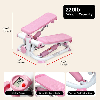 Sunny Health & Fitness Mini Stepper, Compact Home Workout Equipment for Legs & Glutes, Low-Impact Cardio Machine with Digital Monitor, Quiet Hydraulic Resistance, Pink