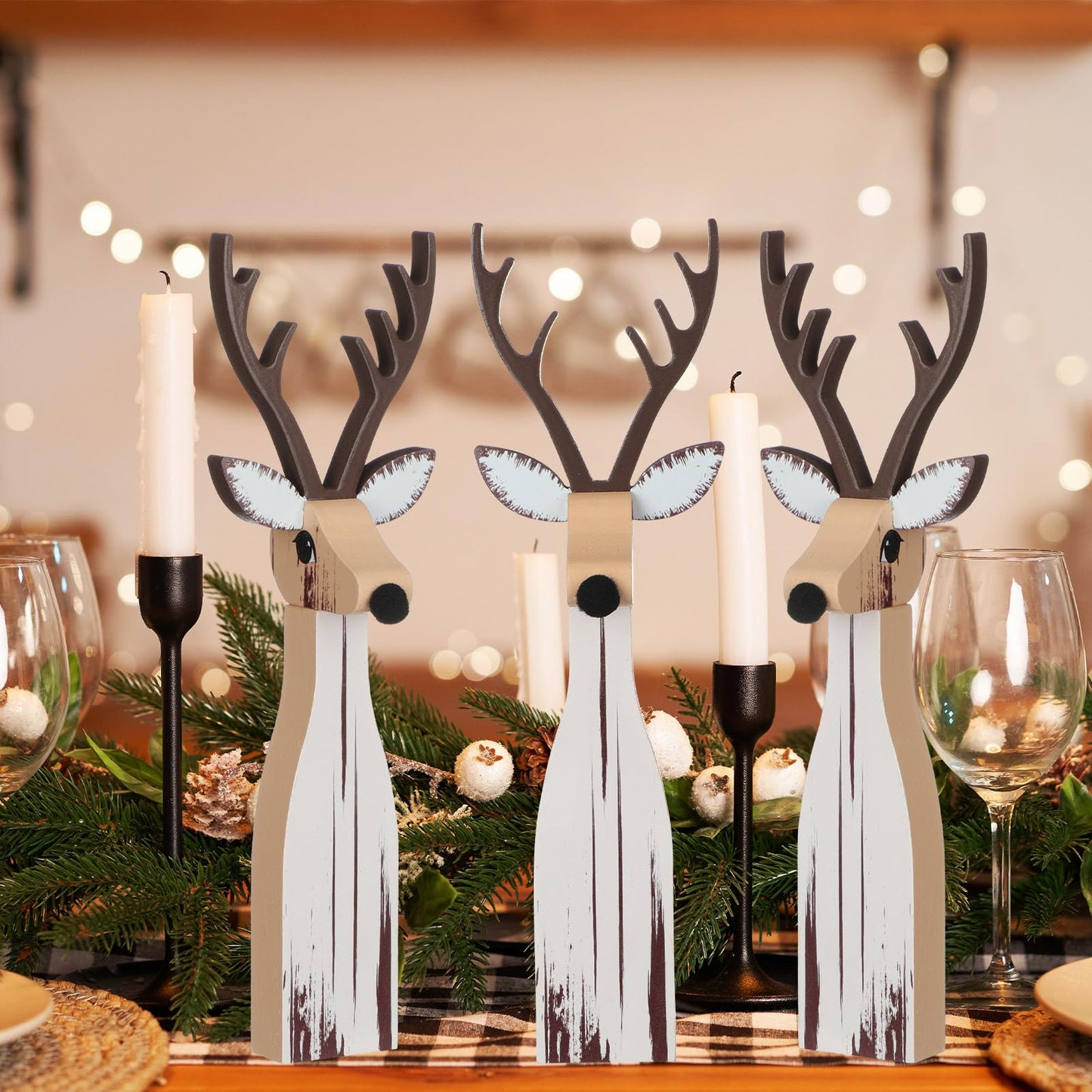 Syhood 3 Pcs Wooden Reindeer Figurines Reindeer Table Signs Deer Tiered Tray Decor Rustic Farmhouse Deer Tabletop Centerpiece for Winter Home Office Mantel Fireplace Shelf Desk Party Decorations